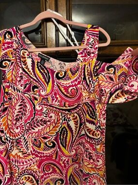 Nina Leonard Pink Paisley Cold-Shoulder Tunic and Wide Leg Pants